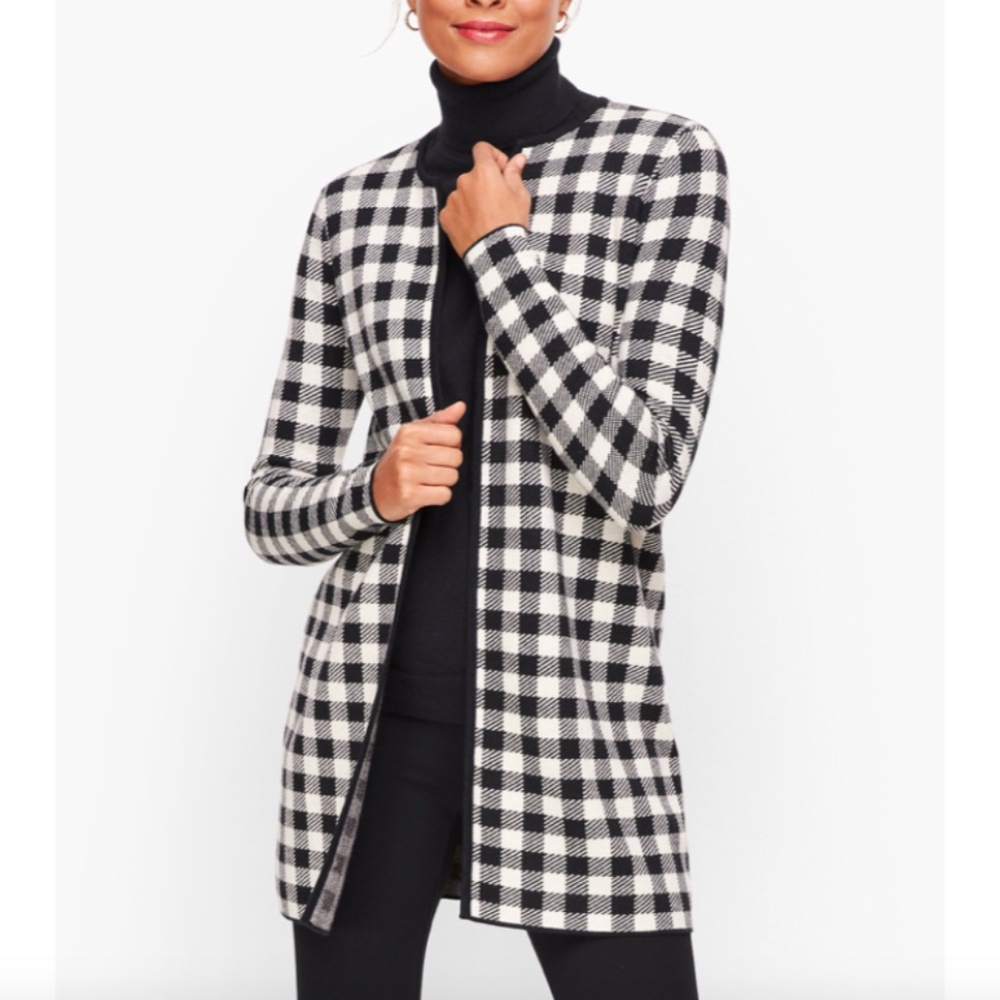NWT Buffalo Check Cardigan Coat Talbots S Black White Wool Blend Bust 38"